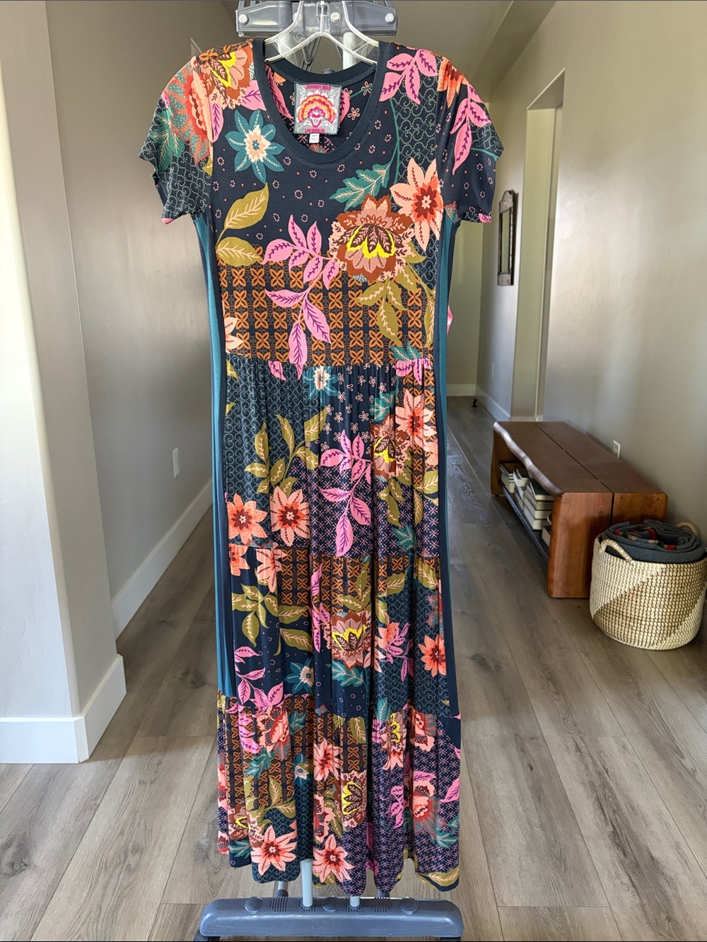Johnny Was Delfino Teal Floral Maxi Dress with Pink and Coral Accents (XXS)